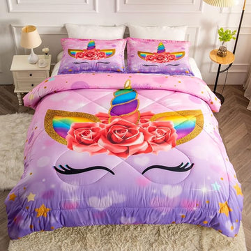 Unicorn Queen Bedding Sets for Girls Kids Comforter Set Queen Size with 2 Pillowcases Purple Unicorn Room Decor for Girls Bedroom Ultra Soft Machine Washable Toddler Bed Set