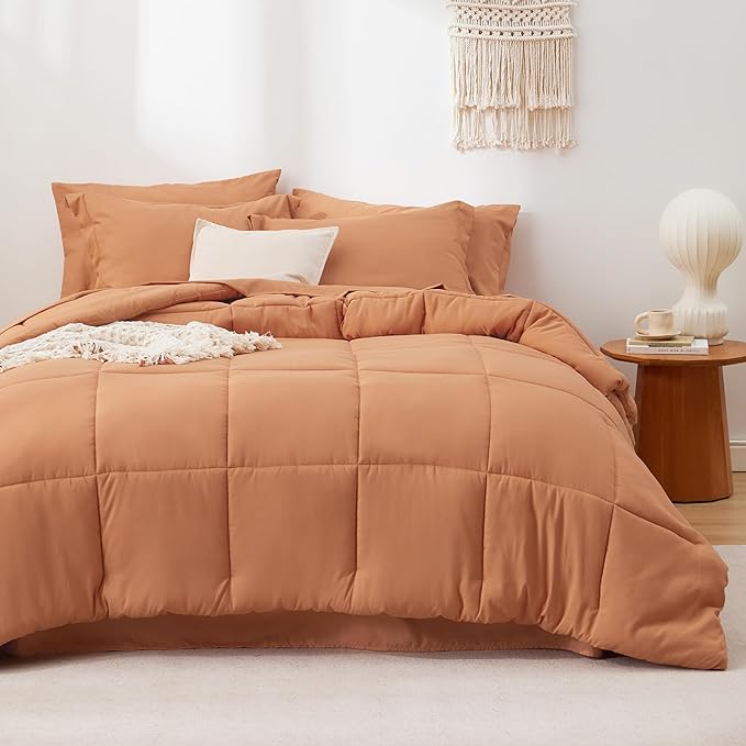 Bedsure Burnt Orange Full Size Comforter Set - 7 Pieces Solid Full Bed in a Bag, Full Bed Set Burnt Orange with Quilted Warm Fluffy Comforters, Sheets, Pillowcases & Shams