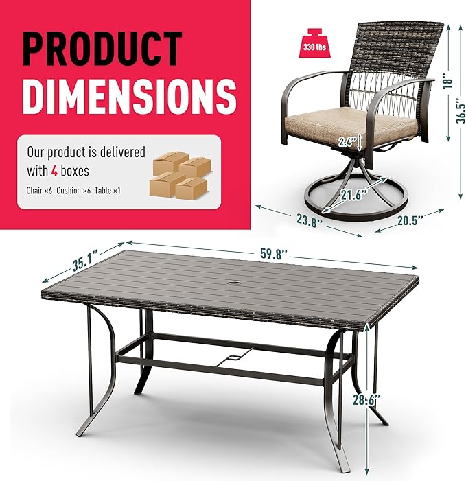 Pamapic 7 Piece Outdoor Dining Set, Rattan Outdoor Patio Furniture Set for Deck Backyard Garden with Iron Outdoor Dining Table, 6 Swivel Outdoor Dining Chairs and Removable Cushions (Beige)