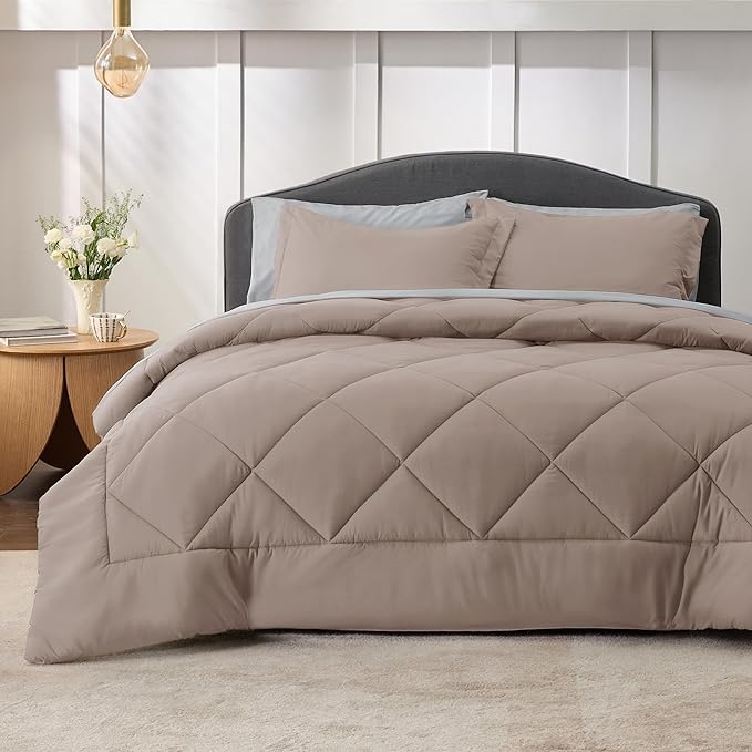 Bedsure Taupe Full Size Comforter Set - 7 Pieces Reversible Full Bed in a Bag Full Bed Set with Comforters, Sheets, Pillowcases & Shams, Full Bedding Sets