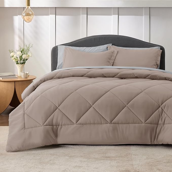 Bedsure Taupe California King Size Comforter Set - 7 Pieces Reversible California King Bed in a Bag King Bed Set with Comforters, Sheets, Pillowcases & Shams, California King Bedding Sets