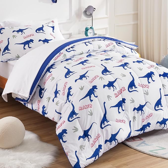 SLEEP ZONE Kids Bedding Set for Boys, Dinosaur Pattern, Super Soft and Breathable, All Season Use Comforter Set, 7 Pieces (Dinosaur Footprints, Full/Queen)