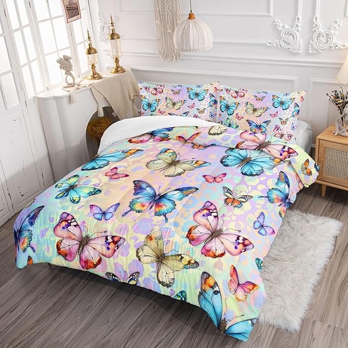 Datura home Kids Comforter Set Butterfly Printed Pattern Bedding Set with 1 Comforter and 2 Pillowcases for Girls Boys Bedroom All Season(Butterfly0 Queen)