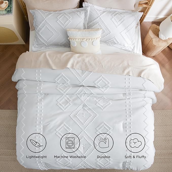 Bedsure Boho Comforter Set King - Linen Tufted Bedding Comforter Set, 3 Pieces Farmhouse Shabby Chic Embroidery Bedding Set, Soft Geometric Pattern Comforter for All Seasons