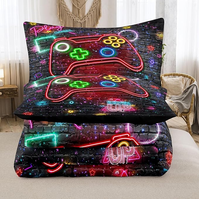 NINENINE Full Size Bedding Sets for Boys 5PCS Gaming Comforter Gamer Bedding Sets for Boys Bed in A Bag Gamer Comforter Sets (1Comforter, 1Flat Sheet, 1Fitted Sheet, 2Pillowcases)…