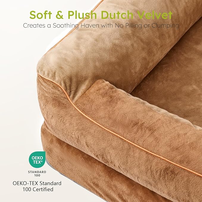 Extra Large Dog Bed, Orthopedic Dog Beds with Cooling Gel Memory Foam, Waterproof XL Pet Bed with Removable Washable Cover, 42" Pet Sofa Couch Dutch Velvet with Bone Toy, Brown