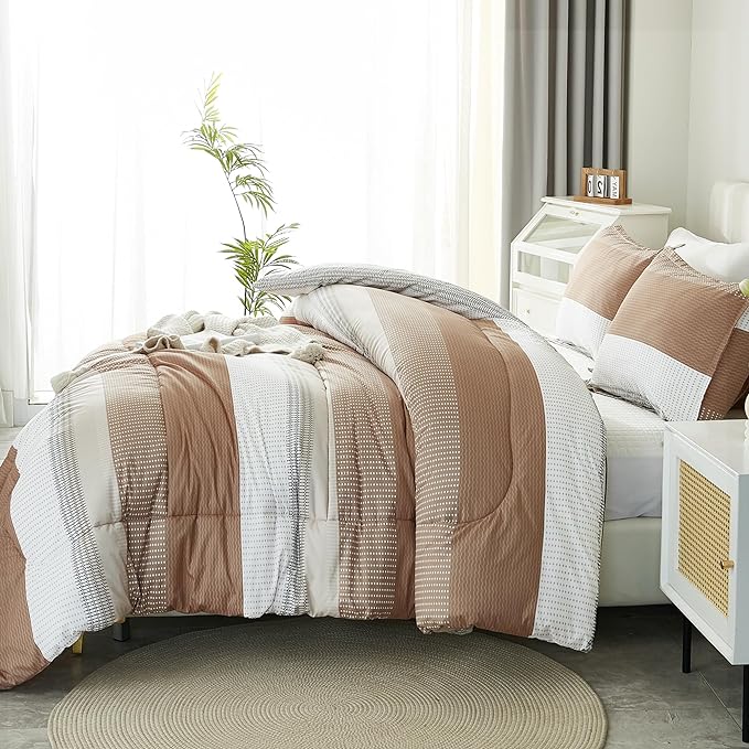 Litanika Queen Comforter Set Beige - 3 Pieces Lightweight Taupe Khaki White Colorblock Stripe Fluffy Bedding Comforter Sets, All Season Bed Set
