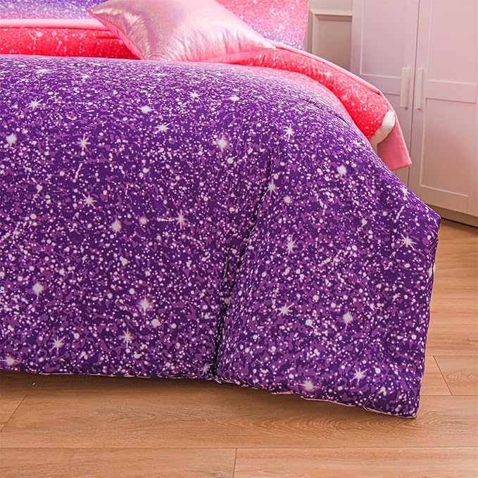 A Nice Night Girls Comforter Set Full 6 Piece Bed in A Bag 3D Colorful Sparkle Galaxy Rainbow Bedding Comforter Sheet Sets for Kids,RedPurple