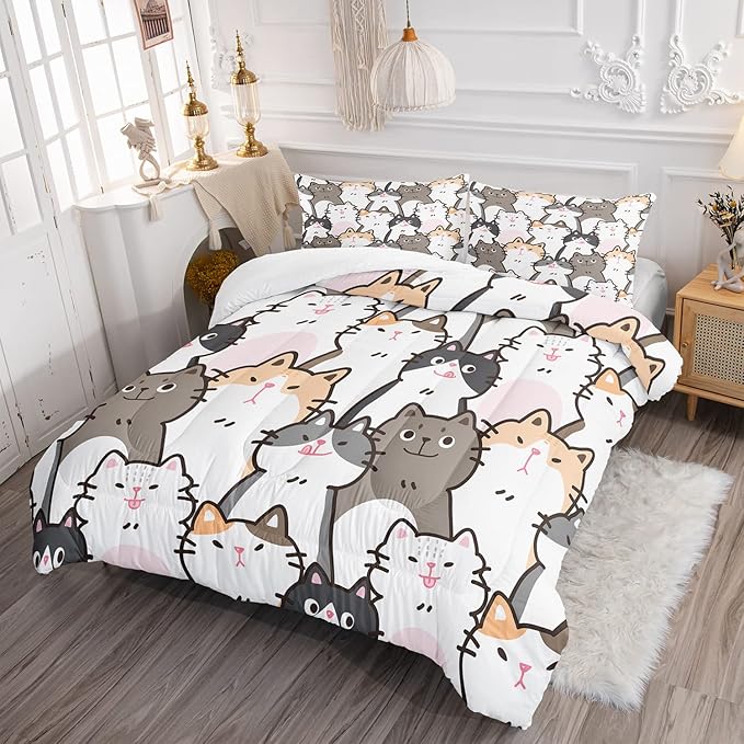 CVHOUSE Cat Bedding,Cartoon Cat Comforter King,Animals Print Comforter Set for Kids,Kawaii Quilt Set with 1 Comforter and 2 Pillow Cases
