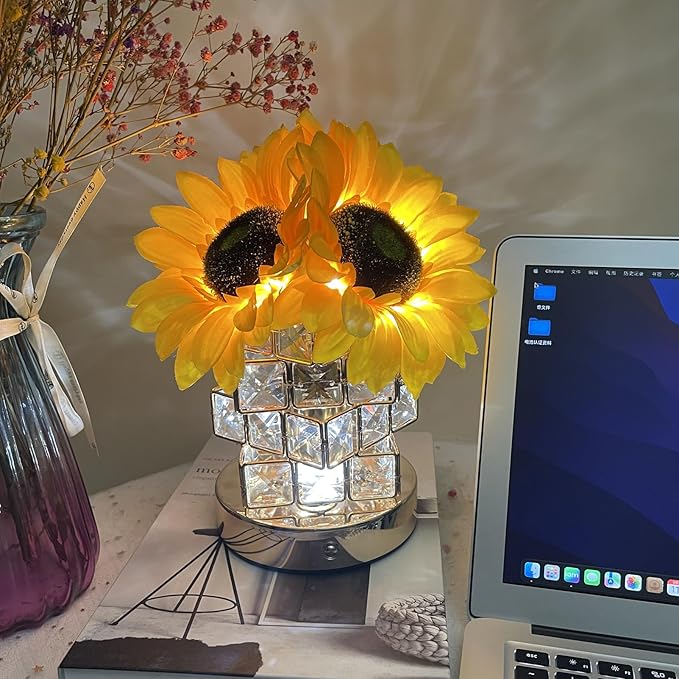 Sunflowers Lamp Touch Lam Artificial LED Sunflower Flowers with Glass Vase Table Lamp Night Light for Home Office Decor House Decorations Gift Idea - Rechargeable (Crystal Magic Cube Sunflower)