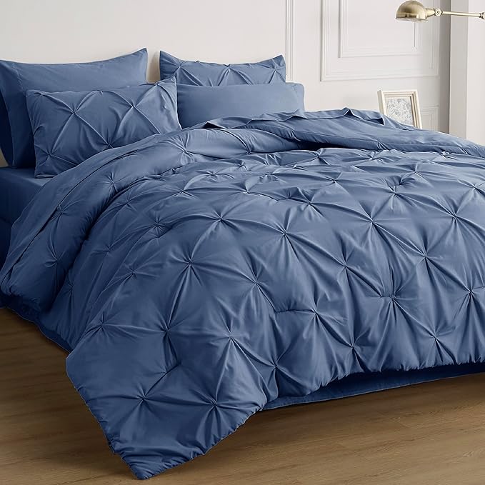 Bedsure Slate Blue King Size Comforter Set - Bedding Set King 7 Pieces, Pintuck Bed in a Bag Green Bed Set with Comforter, Sheets, Pillowcases & Shams