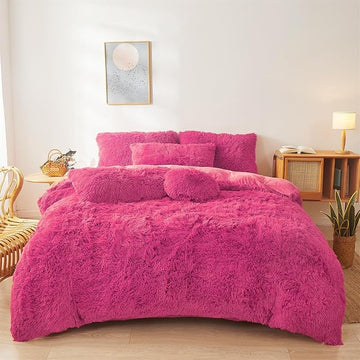 Fluffy hot pink comforters Cover twin size - Ultra Soft Plush hot pink bedding Sets 2 Pieces (1 faux fur comforter Cover + 1 fuzzy pillow case) girls shaggy hot pink twin bed set (Hot Pink, Twin)