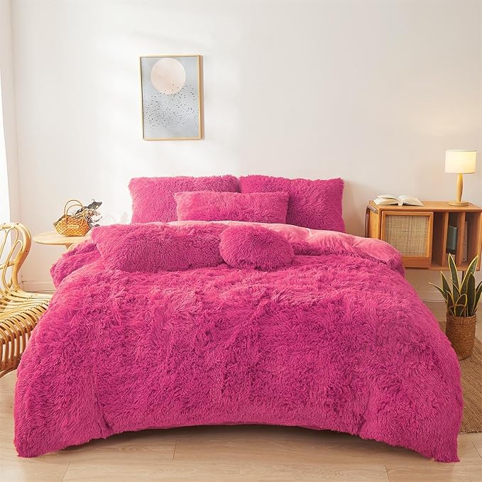 Fluffy hot pink comforters Cover twin size - Ultra Soft Plush hot pink bedding Sets 2 Pieces (1 faux fur comforter Cover + 1 fuzzy pillow case) girls shaggy hot pink twin bed set (Hot Pink, Twin)
