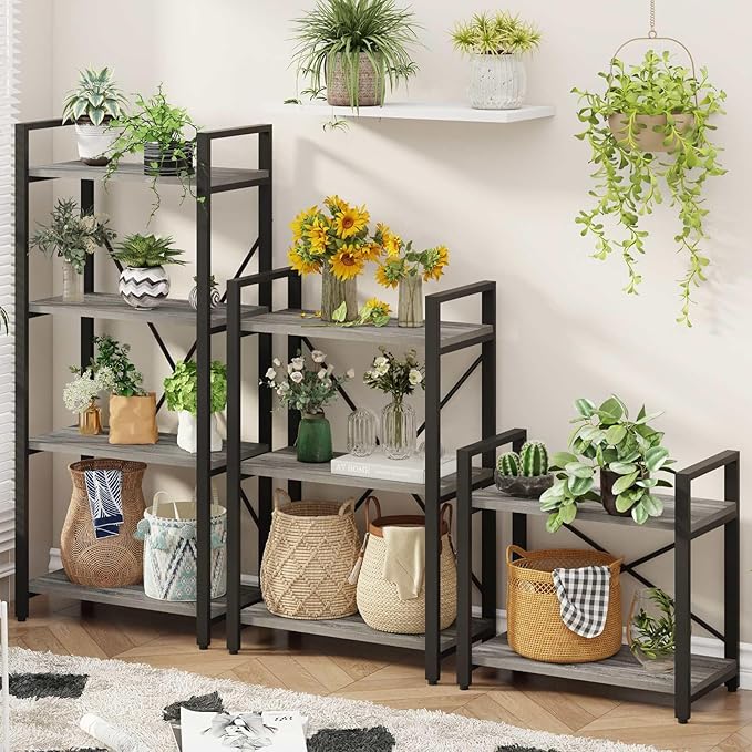 BON AUGURE 3 Tier Bookshelf, Small Rustic Book shelf, Short Industrial Wood Metal Standing Bookcase Etagere for Office, Bedroom and Living Room (Dark Gray Oak)