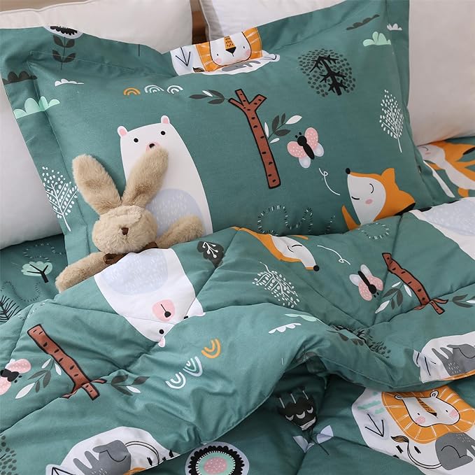 JSD Green Animal Forest Kids Comforter Set, 3 Pieces Full Microfiber Comforter with Pillow Shams, Soft Comfortable Machine Washable