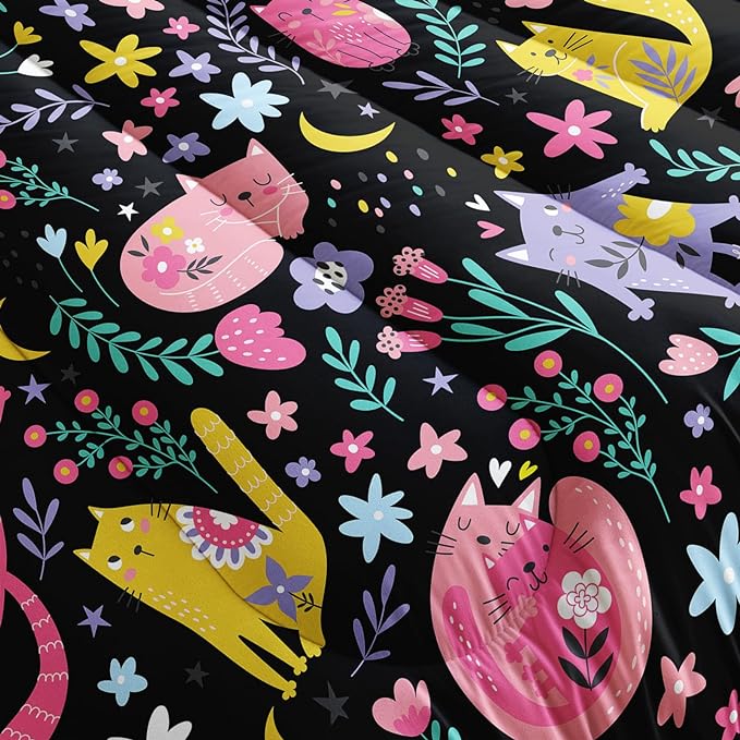 Floral Cat Comforter Twin Size,Black Cats Comforter Set for Kids Teens Girls,3Pcs Bedding Set Printed Comforter with 2 Pillowcases,Down Alternative,Soft and Lightweight(Black，Twin Size)