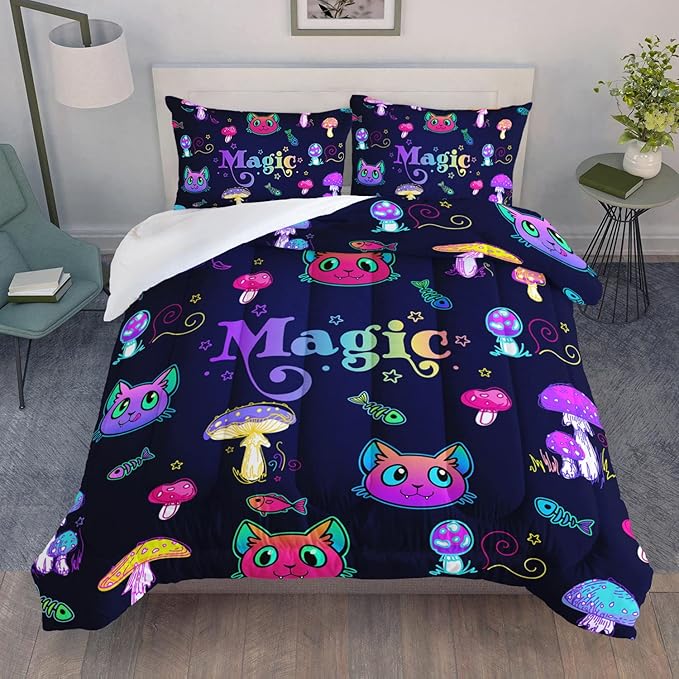 Datura home Mushroom Cat Kids Comforter Bedding Set for Boys Girls, Cartoon Mixed Color Mushroom and Cute Cat Fishbone Pattern Comforter with 2 Pillowcases(Mushroom Cat Full)