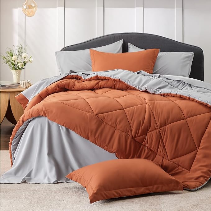 Bedsure Burnt Orange Queen Comforter Set - 7 Pieces Reversible Queen Bed in a Bag Queen Bed Set with Comforters, Sheets, Pillowcases & Shams, Queen Bedding Sets