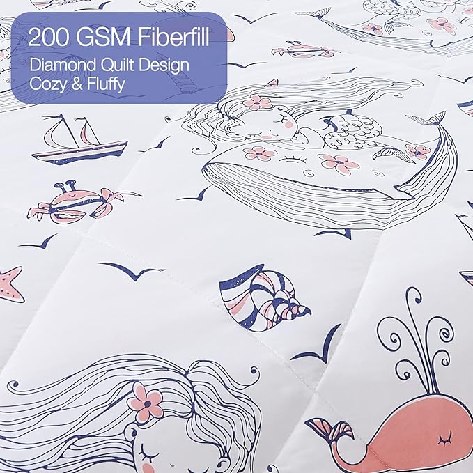 JSD Girls Mermaid Full Comforter Set for Girls, 3 Piece Kids Printed Comforter with Pillow Sham, Soft Comfortable Machine Washable