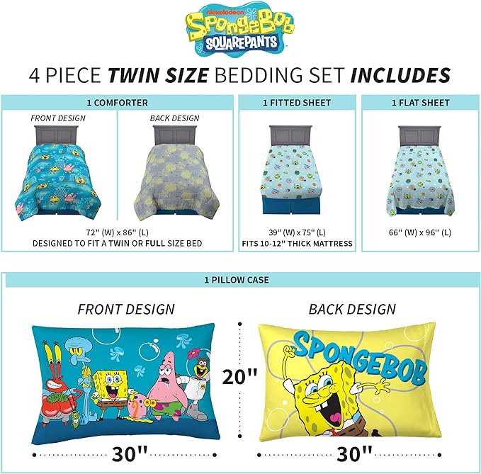 Franco Kids Bedding Super Soft Comforter and Sheet Set, 4 Piece Twin Size, Spongebob