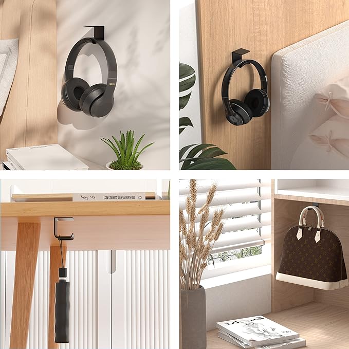HomeMount Headphone Hook Under Desk - Headphone Holder Under Table, Adhesive Gaming Headphone Stand Hanger Desk Mount for Most Headphone（Black）