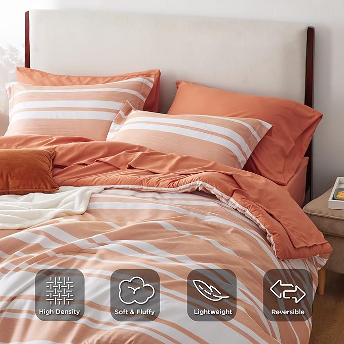 Bedsure Bed in a Bag King Size 7 Pieces, Burnt Orange White Striped Bedding Comforter Sets All Season Bed Set, 2 Pillow Shams, Flat Sheet, Fitted Sheet and 2 Pillowcases