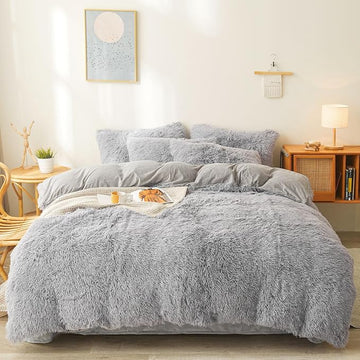 FOPPA Gray fluffy Comforter Cover Set king- Ultra Soft fluffy gray Bedding Sets 3 Pieces (1 Duvet Cover + 2 Pillow case) pink fluffy bed set (Gray, King)