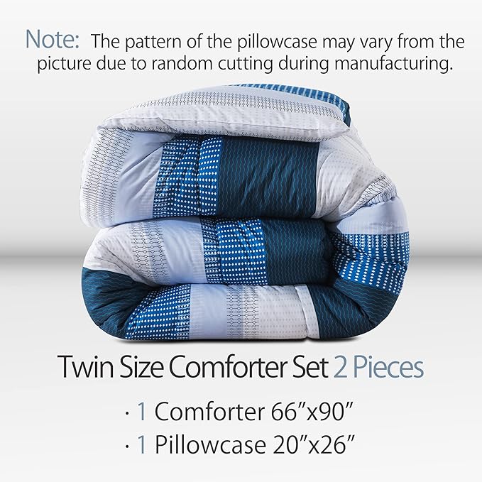 Andency Stripe Comforter Set Twin Size (66x90 Inch), 2 Pieces Navy Patchwork Striped Comforter, Soft Microfiber Down Alternative Comforter Bedding Set with Corner Loops