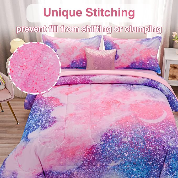 A Nice Night Galaxy Bedding Sets Outer Space Comforter 3D Printed Space Quilt Set Full 6Pcs Glitter Pink,for Children Boy Girl Teen Kids
