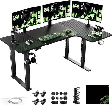 X-WIN 63 Inches L-Shaped Electric Standing Desk, Dual Motor Height Adjustable Stand Up Corner Desk, Sit to Stand Workstation with Locking Wheels, Carbon Fiber Top