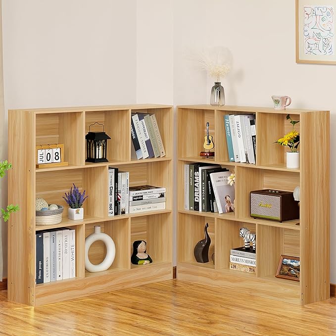 LEYAOYAO 8 Cube Bookshelf with Base,3 Tier Mid-Century Modern Natural Bookcase,Standing Wide Bookshelves Storage Organizer Shelf,Rustic Wood Display Cabinet Book Shelves for Bedroom,Living Room,Office