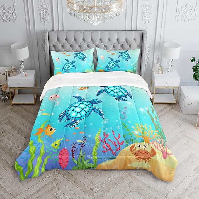 Turtle Comforter Set Full Ocean Watercolor Sea Turtle Bedding Set Nautical Sea Animal Reptile Bed Set with 2 Pillowcases for Kids Room Decor