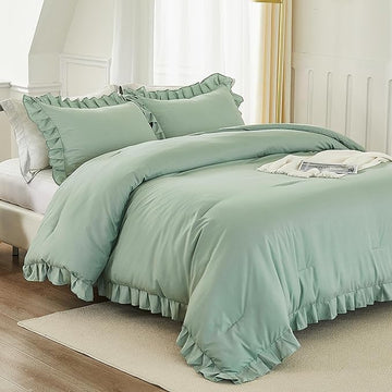 Andency Queen Size Comforter Set, Sage Green Ruffle Bedding Set, 3 Pieces Boho Comforter for Queen Bed, Farmhouse Ruffle Bed Comforter Set, Lightweight and Soft Bedding Comforter for All Seasons