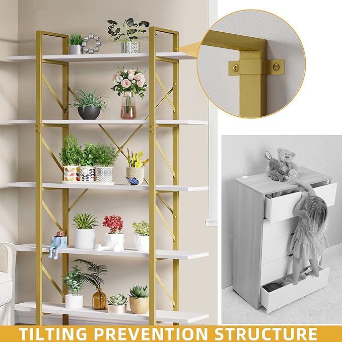 YITAHOME 5 Tier Gold Bookshelf, 70.9" Tall Modern Wide Bookcase, Open Storage Rack Shelves in Living Room/Bedroom/Home/Office, Books Holder Organizer for Books/Plants, Gold & White