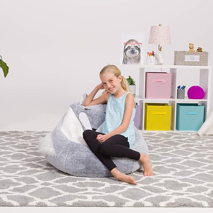 Posh Creations Cute Soft and Comfy Bean Bag Chair for Kids, Large, Animal - Silver Fox