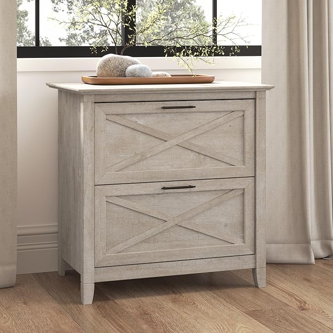 Bush Furniture Key West 2 Drawer Lateral File Cabinet in Washed Gray | Document Storage for Home Office | Accent Chest with Drawers