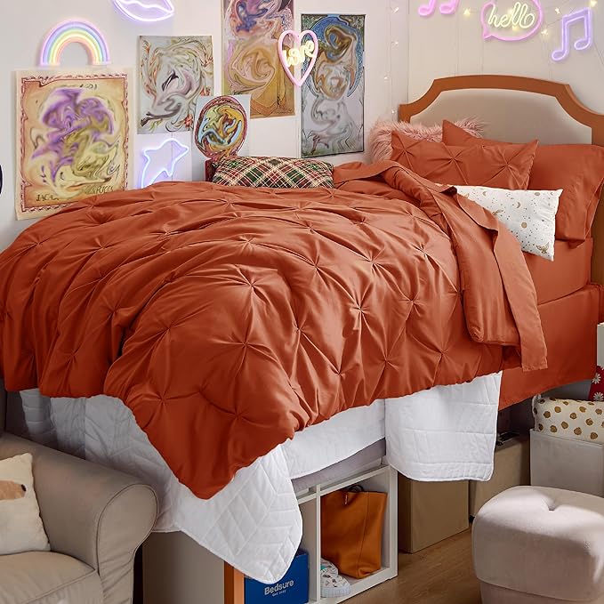 Bedsure Twin Size Comforter Sets - 5 Pieces Pintuck Bed Set Twin Size, Orange Twin Size Bed in a Bag with Comforter, Sheets, Pillowcase & Sham