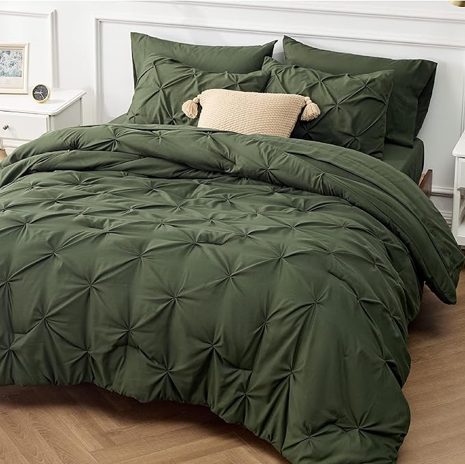 Bedsure California King Comforter Set - Cal King Bed Set 7 Pieces, Pinch Pleat Olive Green Cali King Bedding Set with Comforter, Sheets, Pillowcases & Shams