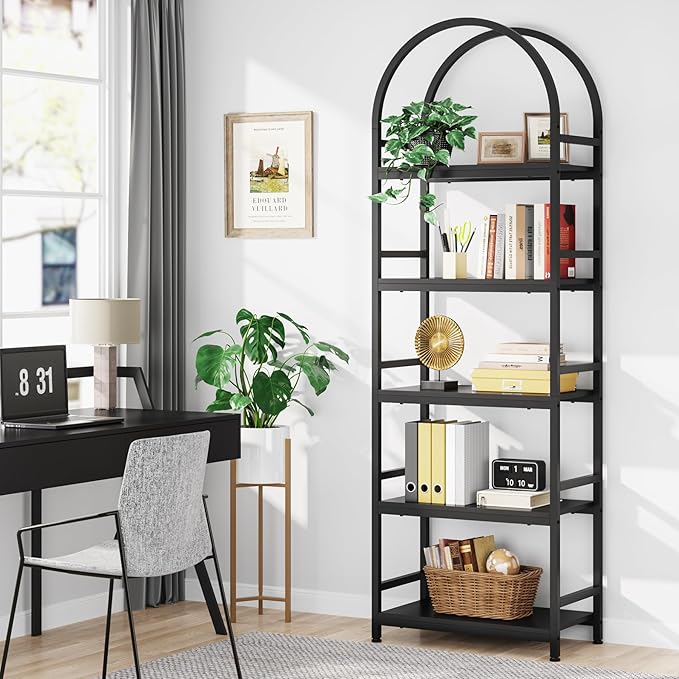 Tribesigns 5-Tier Open Bookshelf, 74.4" Wood Bookcase Storage Shelves with Metal Frame, Freestanding Display Rack Tall Shelving Unit for Office, Bedroom, Living Room, Easy Assembly(Black, 1PC)