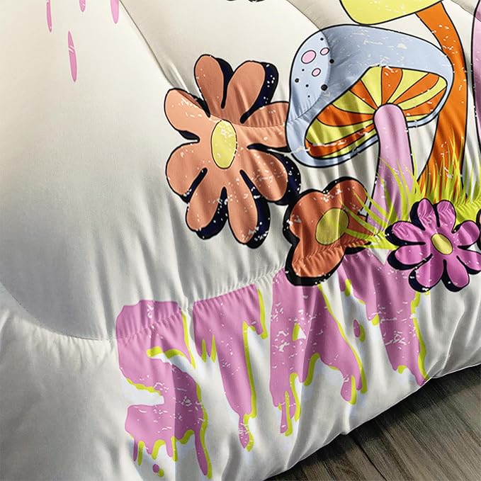 Axolotl Cartoon Mushroom Comforter Set Twin,Colorful Mushrooms Bedding Girls Bedding Set,Floral Comforter Set Red Pink Flower,Cute Mushroom Bedding Set for Kids Boys Girls Teens,1 Quilt 2 Pillowcases