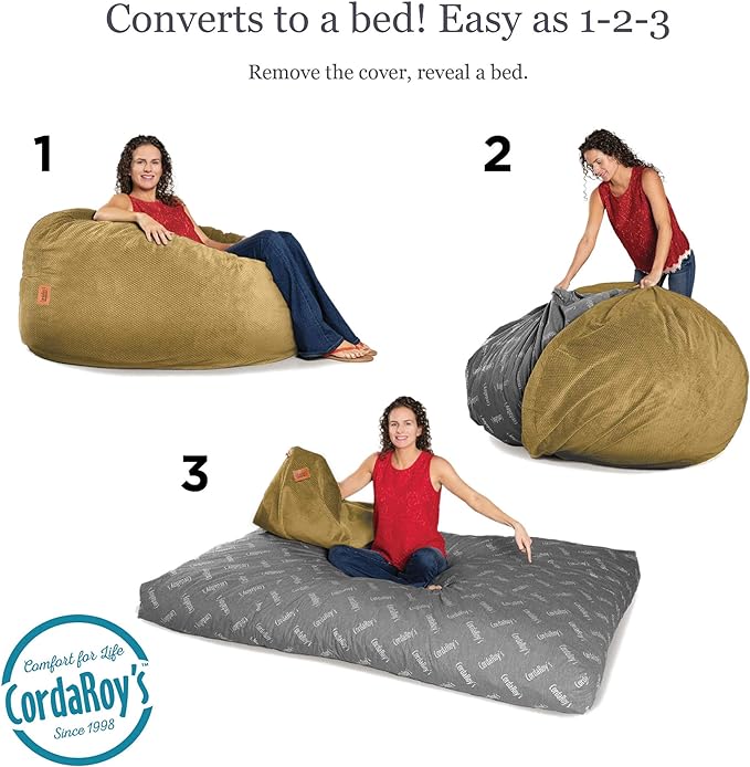 CordaRoy's Chenille Bean Bag Chair, Convertible Chair Folds from Bean Bag to Lounger, As Seen on Shark Tank, Tan - Queen Size