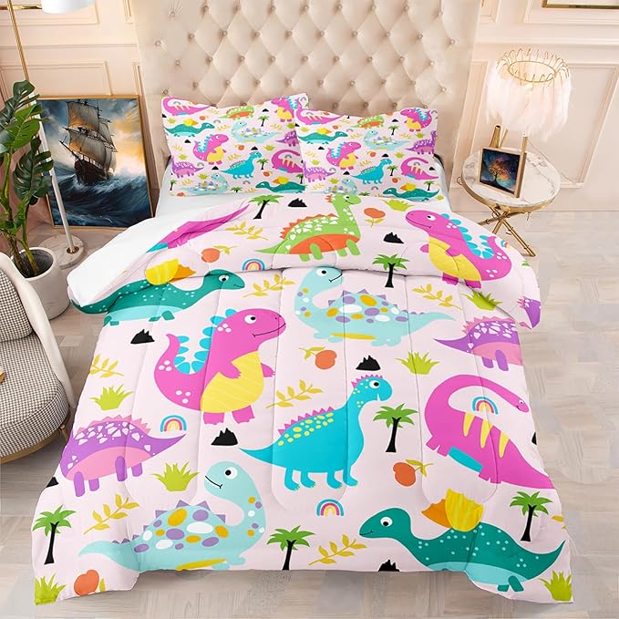 Girls Bedding Dinosaur Comforter Set Queen, Cute Dinosaur Bedding Set for Girls Adults Soft Breathable Dino Quilt Kids Queen Comforter Set, 1 Comforter 2 Pillowcase