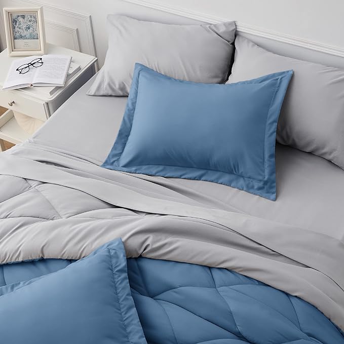 Bedsure Blue Bed Set King - 7 Pieces Reversible Blue Comforter Set King, Blue Bedding Set King with Comforters, Sheets, Pillowcases & Shams, King Size Blue Bed in a Bag