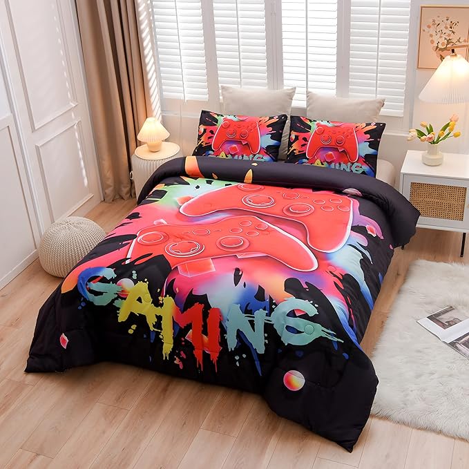 Aimuan Gaming Comforter Sets for Boys Kids Bedding Sets Video Games Console Action Buttons Novelty Colorful Game Gamepad Controller Modern Gamer Room Decor Home Quilt Set (Queen, Black)