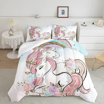 CVHOUSE Unicorn Bedding Queen Size,Unicorn Bedding Set for Girls Kids,Cute Unicorn Comforter Set Chrismas Duvet Set Unicorn Quilt Set Girls Room Decor 3 Pieces