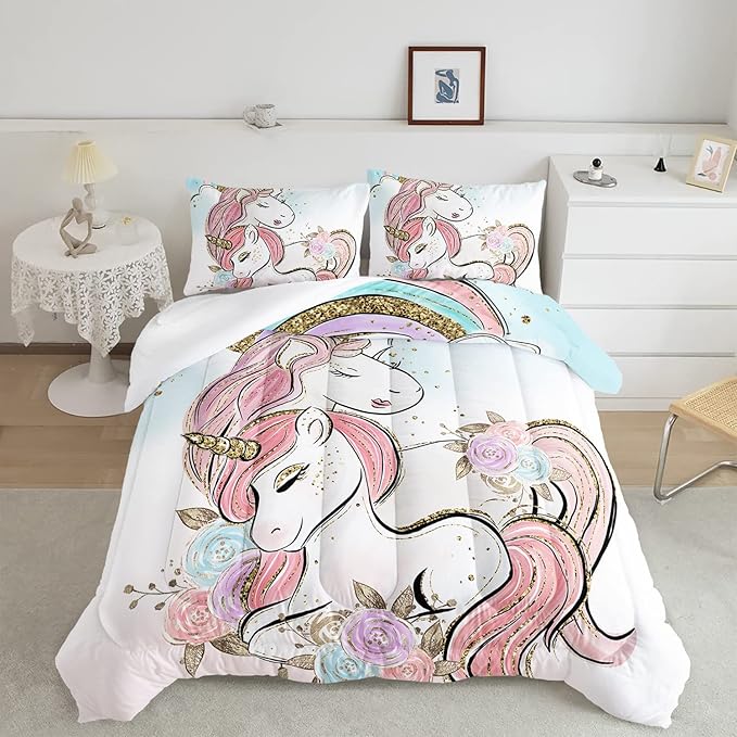 CVHOUSE Unicorn Bedding Twin Size,Unicorn Bedding Set for Girls Kids,Cute Unicorn Comforter Set Chrismas Duvet Set Unicorn Quilt Set Girls Room Decor 3 Pieces