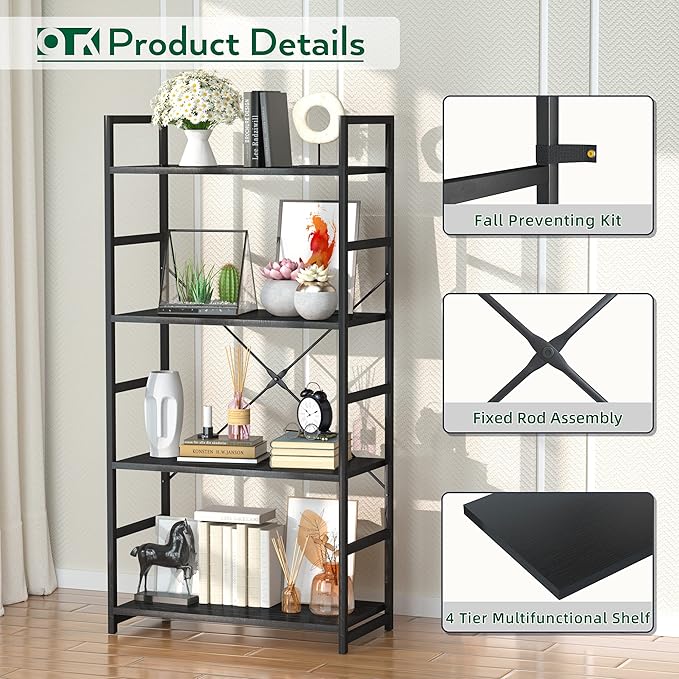 OTK 4 Tier Bookshelf, Tall Bookcase, Office Shelf Storage Organizer, Modern Book Shelf for Living Room, Bedroom, and Home Office, Black