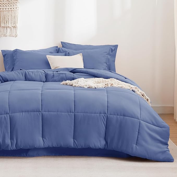Bedsure Infinity Blue Queen Comforter Set - 7 Pieces Solid Queen Bed in a Bag, Queen Bed Set Infinity Blue with Comforters, Sheets, Pillowcases & Shams