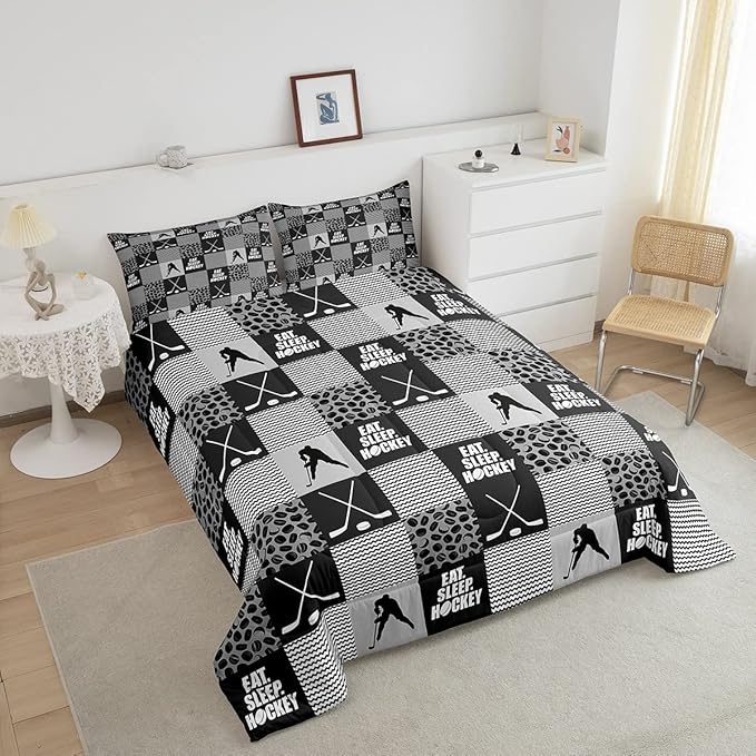 Ice Hockey Comforter Sets For Boys Queen Black White Grey Winter Sports Games Down Comforter Kids Teen Room Decor,Hockey Pucks Player Bedding Set Geometric Checkered Stripes Quilt Duvet 2 Pillow Cases