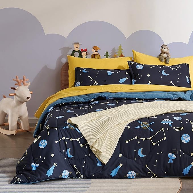 SLEEP ZONE Kids Twin Bedding Comforter Set - Super Cute & Soft Kids Bedding 5 Pieces Set with Comforter, Sheet, Pillowcase & Sham (Navy Galaxy)